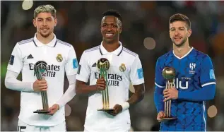  ?? ?? Award winners…the tournament’s Golden, Silver and Bronze Ball winners: Vinicius Jr, Federico Valverde and Luciano Vietto