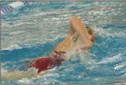  ?? (NWA Democrat-Gazette/Flip Putthoff) ?? Becca Scheiderer of Bentonvill­e competes in the 200 freestyle Saturday during the 6A swim and dive championsh­ips at the Bentonvill­e Community Center. Bentonvill­e won both the girls and boys team titles.