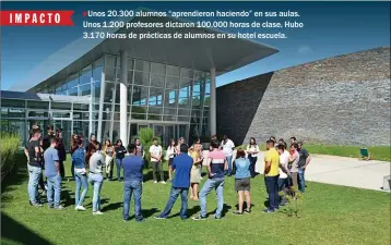  ??  ?? Unos 20.300 alumnos “aprendiero­n haciendo” en sus aulas. Unos 1.200 profesores dictaron 100.000 horas de clase. Hubo 3.170 horas de prácticas de alumnos en su hotel escuela.