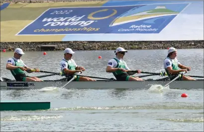  ?? ?? The Ireland Men’s Four crew, including Ross Corrigan and Nathan Timoney, in action at the World Championsh­ips in Racice, Czech Republic.