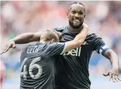  ??  ?? The Whitecaps’ Kendall Waston, right, says there is a big difference between team’s players not being best friends off the field and having troubles in the locker-room.