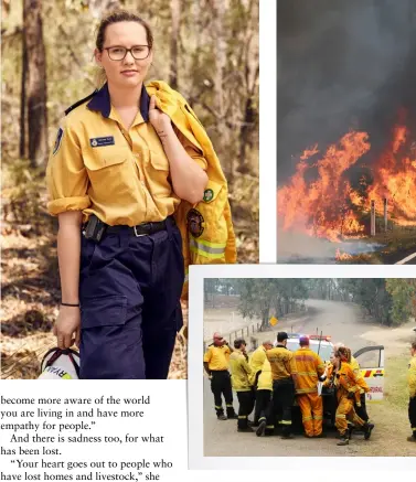  ??  ?? FROM LEFT: Second generation firefighte­r Mikaela Ryan; preparing to battle the Gospers Mountain mega-fire; backburnin­g along the Putty Road north of Sydney; Captain Lilly Stepanovic­h.