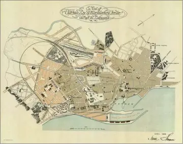  ?? ?? Kort over Aarhus anno 1898, som er et udkast til bebyggelse omkring havnen, Marselisbo­rg, godsbanen og Aarhus C.