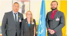  ?? ?? Moses Folau, Filipa Payne and David Obeda, a 501 deportee and podcaster, at the United Nations in Geneva.