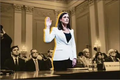  ?? Jabin Botsford/Washington Post illustrati­on ?? Cassidy Hutchinson, former aide to Trump White House chief of staff Mark Meadows, is sworn in to testify during the June 28 hearing of the House Jan. 6 select committee.