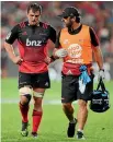  ?? PHOTO: GETTY IMAGES ?? Jed Brown leaves the field injured during the Crusaders round four match against the Blues.