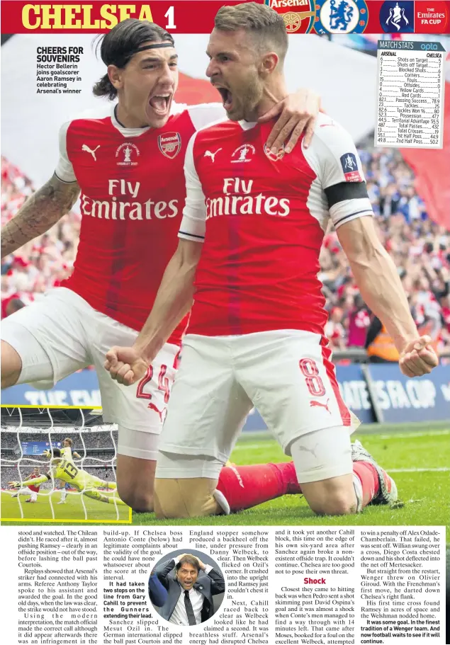  ??  ?? CHEERS FOR SOUVENIRS Hector Bellerin joins goalscorer Aaron Ramsey in celebratin­g Arsenal’s winner