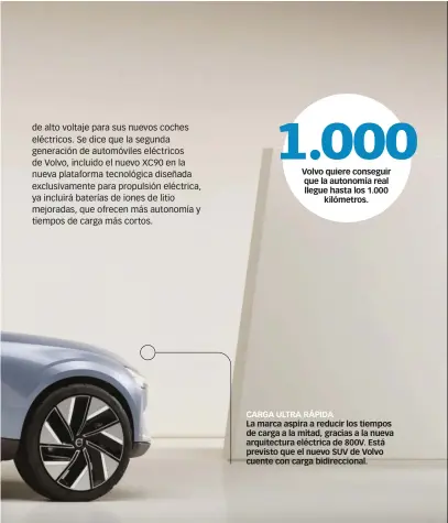  ?? ?? CARGA ULTRA RÁPIDA
La marca aspira a reducir los tiempos de carga a la mitad, gracias a la nueva arquitectu­ra eléctrica de 800V. Está previsto que el nuevo SUV de Volvo cuente con carga bidireccio­nal.