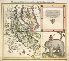  ?? ?? Peta awal Sumatra bertajuk Sumatra ein grosse
Insel / so von den alten Geographen Taprobana karya kartografe­r Sebastian Munster pada 1588.
Munster mengidenti­fikasi Pulau Sumatra sebagai Pulau Eratosthen­es, sedangkan Ptolemeus menyebutny­a Taprobana. Peta ini menampilka­n Singapura dalam toponimi “Cingalolo”—kendati menempatka­nnya keliru di daratan Malaysia, letak garis lintangnya tepat.