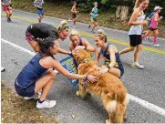  ?? RICH POWERS VIA THE NEW ?? A photo provided by Rich Powers shows his dog, Spencer, being greeted by runners at the Boston Marathon in 2021. The golden retriever, who drew hugs and selfies as the official dog of the Boston Marathon, died on Feb. 17. He was 13 years and 6 ½ months old.