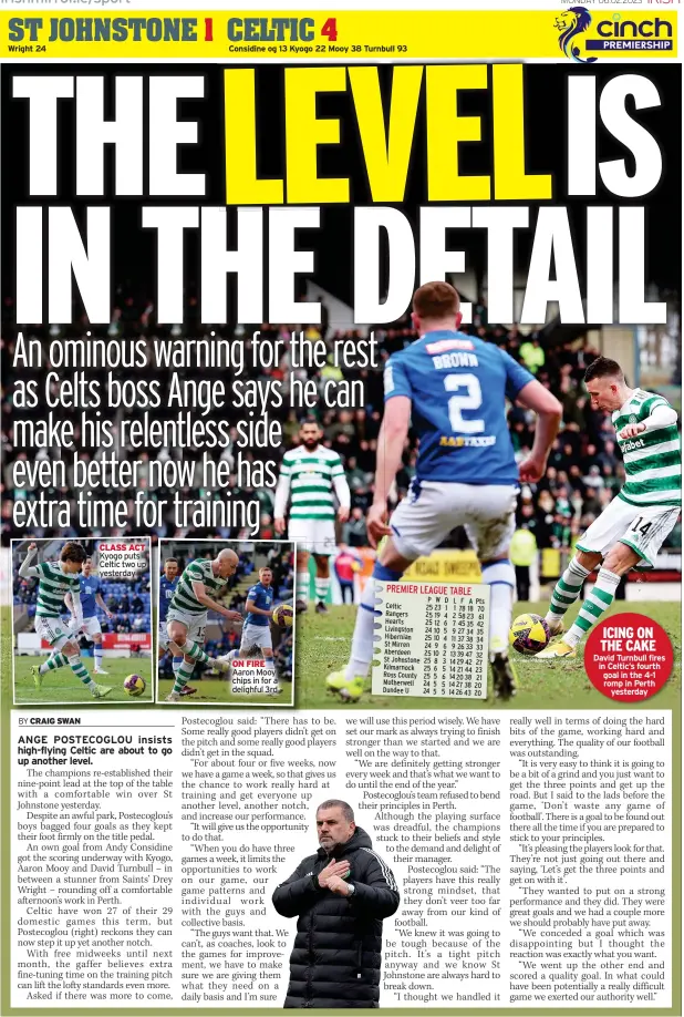  ?? ?? CLASS ACT Kyogo puts Celtic two up yesterday
ON FIRE Aaron Mooy chips in for a delighful 3rd
PREMIER LEAGUE TABLE
ICING ON THE CAKE David Turnbull fires in Celtic’s fourth goal in the 4-1 romp in Perth
yesterday