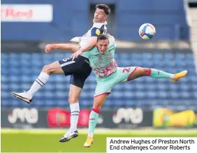  ??  ?? Andrew Hughes of Preston North End challenges Connor Roberts