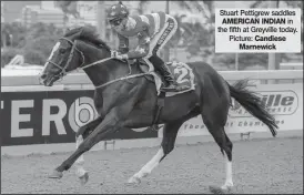  ??  ?? Stuart Pettigrew saddles AMERICAN INDIAN in the fifth at Greyville today. Picture: Candiese Marnewick
