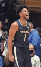  ?? ROB KINNAN/USA TODAY SPORTS ?? Virginia forward Jayden Gardner (1) reacts after scoring during the second half against Duke at Cameron Indoor Stadium.