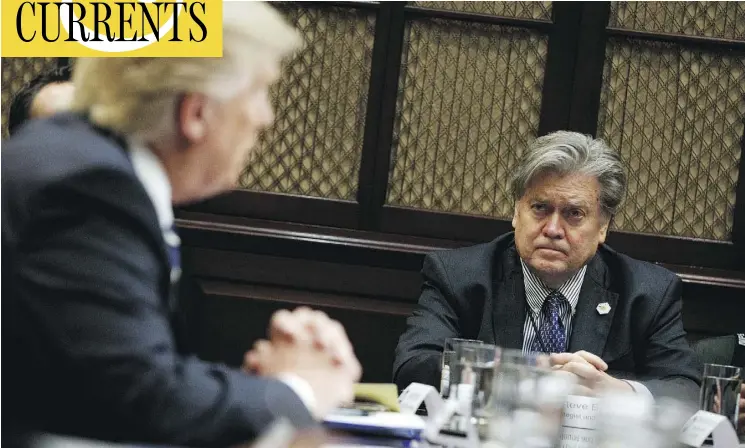  ?? EVAN VUCCI / THE ASSOCIATED PRESS ?? U.S. President Donald Trump and his chief strategist Steve Bannon have introduced a kind of populist and nationalis­t rhetoric that cuts across traditiona­l party divisions.