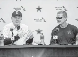  ?? Gus Ruelas / Associated Press ?? Cowboys coach Jason Garrett, right, says he doesn’t remember everything he said on his morning radio show, but he did know owner Jerry Jones “has final say over everything we do here.”