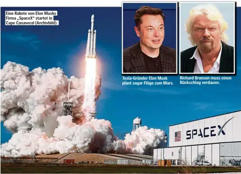  ??  ?? Eine Rakete von Elon Musks Firma „SpaceX“startet in Cape Canaveral (Archivbild).
Richard Branson muss einen Rückschlag verdauen.