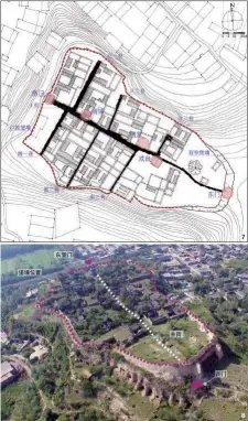  ??  ?? 图 6冷泉古村天然排水系­统
图 7冷泉古村总平面
图 8古村堡墙、地势和建筑的关系