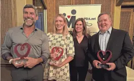  ?? ?? Vincent Battaglia, Stacie Mathewson and Ken Calvert (with Mary Bono) pose with their awards at MAPDA’s 2024 west coast Humanitari­an Awards, held April 25, 2024, in Rancho Mirage, Calif.