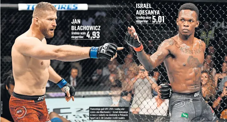  ??  ?? Transmisja gali UFC 259 z walką wieczoru Jan Błachowicz – Israel Adesanya w nocy z soboty na niedzielę w Polsacie Sport od 2.30 (studio) i 4.00 (walki).