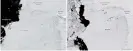  ??  ?? Composite image of Thwaites glacier taken on 2 December 2001 (left) and on 28 December 2019. The photos show the changes that have occurred since the start of this century. Composite: Nasa/EPA