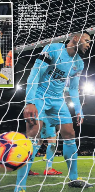  ??  ?? Martin Dubravka is down and out (main picture) after he failed to deal with a cross and (inset left) Wolves’ Willy Boly headed home a dramatic late equaliser to crush Toon hopes of a vital three points away from home