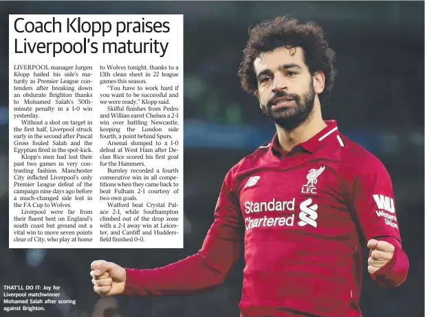  ??  ?? THAT’LL DO IT: Joy for Liverpool matchwinne­r Mohamed Salah after scoring against Brighton.