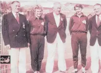  ?? PHOTO: COLLECTION OF JIM SPRAGUE ?? Guest appearance . . . Jimmy Barnes (later Sir James Barnes, mayor of Dunedin), Betty Cuthbert, Jack Mathieson (Southland), Marlene Mathews and Dr Norrie Jefferson at Carisbrook during the New Zealand junior track and field championsh­ips in 1957.
