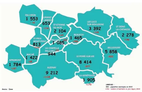  ??  ?? Les 15 communes de Vie et Boulogne ont vu leur population s’accroître entre 2010 et 2015.