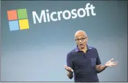  ?? ASSOCIATED PRESS FILE PHOTO ?? Microsoft CEO Satya Nadella talks during a company event in New York. Nadella said in June 2020that the tech company would double the number of Black and African American managers, senior individual contributo­rs and senior leaders by 2025.