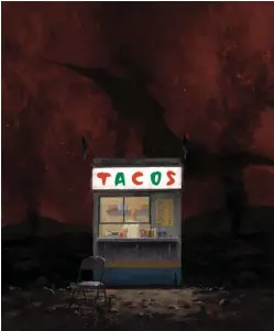  ??  ?? 1Taco Stand in Hell, oil on canvas, 24 x 18"2Tomorrow, oil on canvas, 36 x 48"3Home, oil on canvas, 30 x 36"4Landing Party, oil on canvas, 21 x 16"