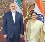  ?? SONU MEHTA/HT PHOTO ?? Minister of external affairs Sushma Swaraj with Iranian foreign minister Mohammad Javad Zarif ahead of their meeting in New Delhi on Monday.