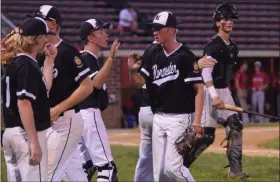  ?? AUSTIN HERTZOG - MEDIANEWS GROUP ?? Norchester pitcher Brad Pryor, center, is congratula­ted by teammates after the end of an inning against South Parkland during the Pa. Region 2 tournament at Boyertown.