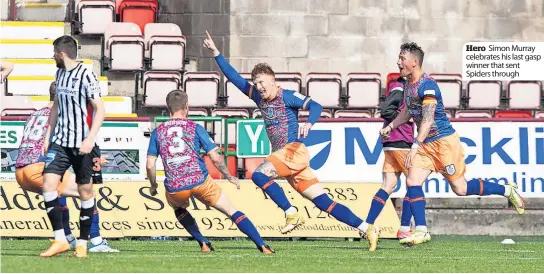  ?? ?? Hero Simon Murray celebrates his last gasp winner that sent Spiders through