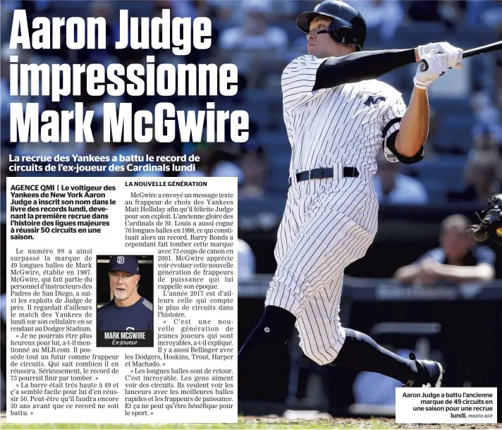  ?? PHOTO AFP ?? MARK MCGWIRE Ex-joueur Aaron Judge a battu l’ancienne marque de 49 circuits en une saison pour une recrue lundi.