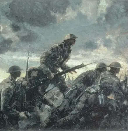  ??  ?? Over The Top, a painting of Canadian troops in the First World War by war artist Alfred T. Bastien.