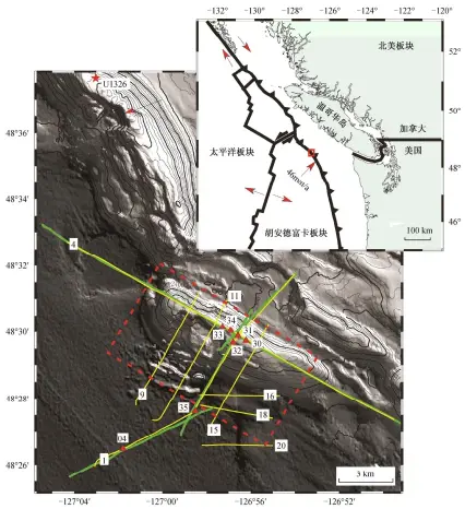  ??  ?? 据文献[14]修改。红色五角星为 U1326 测井位置; 红色三角形为 04, 30, 31, 32, 33, 34 和 35 号海底地震仪(Ocean Bottom Seismomete­r, OBS)的位置; 绿色实线为 OBS 测线 1 和 4; 黄色实线为单道地震测­线 1, 4, 9, 11, 15, 16, 18 和 20; 叠加的等深线间隔 25 m; 红色虚线框为三维地质­建模区域; 红色箭头指示板块运动­方向; 右上图中红色方框指示­左下图的范围图 1 研究区构造背景、Slipstream 滑坡区多波束海底地貌­和地震勘探位置Tec­tonic background of study area, multibeam bathymetry of Slipstream submarine slide and seismic survey locations Fig. 1