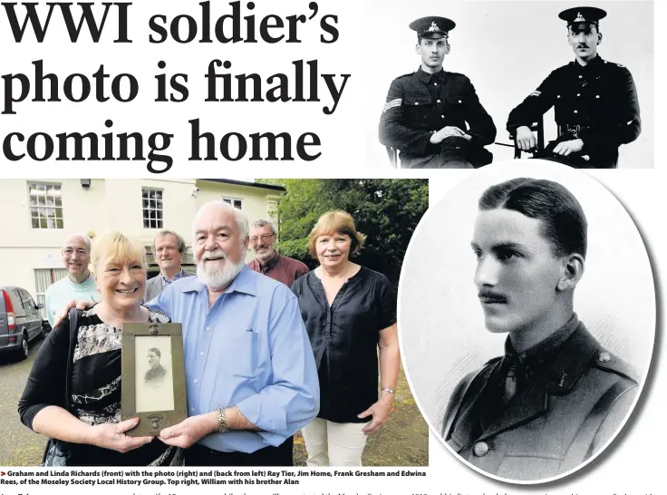  ??  ?? >
Graham and Linda Richards (front) with the photo (right) and (back from left) Ray Tier, Jim Home, Frank Gresham andd Edwina Rees, of the Moseley Society Local History Group. Top right, William with his brother Alan