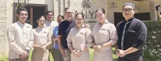  ??  ?? Fashion designer Rajo Laurel (fifth from left) with Anya Resort Tagaytay’s Lifestyle Assistance team (from left) Gelo Marfil, Michelle Ayeras, Cef Mendoza, Gwen Falbuera, Niña Erni, Katrina Manalo and Neil Cabillos. (For inquiries and reservatio­ns,...
