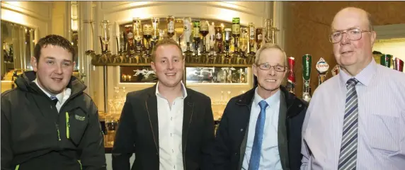  ??  ?? In attendance at the Harriers Hunt Club dinner dance in the Horse and Hound were Derek O’Connor, Mylers Park; Bobby Hennessey; Andy Stamp, Gusserane and Peter Murphy, Terrerath.