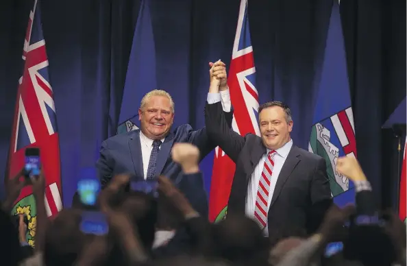  ?? LEAH HENNEL ?? UCP leader Jason Kenney was joined by Ontario Premier Doug Ford for an anti-carbon-tax rally in Calgary on Friday night.