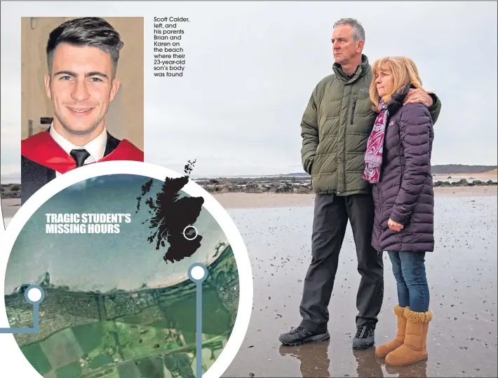  ??  ?? Scott Calder, left, and his parents Brian and Karen on the beach where their 23-year-old son’s body was found