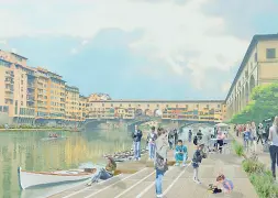  ??  ?? Il rendering delle sponde dell’Arno rese accessibil­i all’altezza degli Uffizi