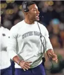  ?? MICHAEL CATERINA/AP ?? Notre Dame coach Marcus Freeman reacts during Saturday’s game against Ohio State.