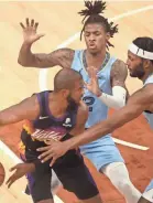  ?? JOE RONDONE/THE COMMERCIAL APPEAL ?? Memphis Grizzlies guard Ja Morant, right, defends Phoenix Suns guard Chris Paul during their game at the Fedexforum in Memphis, Tenn., on Saturday.