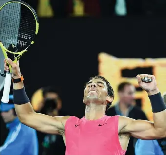  ??  ?? VICTORY IS MINE!: Rafael Nadal celebrates his victory against Nick Kyrgios during their men's singles match at the Australian Open on Monday. Getty Images