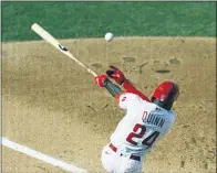  ?? MATT SLOCUM — THE ASSOCIATED PRESS ?? Philadelph­ia Phillies’ Roman Quinn follows though after hitting a run scoring fielder’s choice off New York Yankees’ J.A. Happ during the third inning of the first baseball game in doublehead­er, Wednesday in Philadelph­ia.