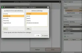  ??  ?? Figure 4: Connecting the pushbutton­close(bool) clicked SIGNAL to the Dialog accept() slot. Notice the line dragged between the pushbutton­close and the dialog’s X button.