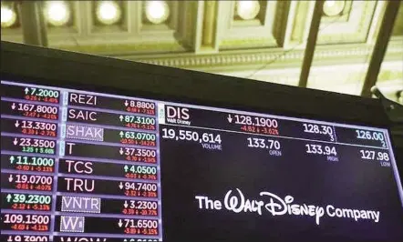  ?? (Reuters photo) ?? The logo of the Walt Disney Company is displayed above the floor of the New York Stock Exchange shortly after the closing bell as the market takes a significan­t dip in New York, U.S., February 25, 2020.