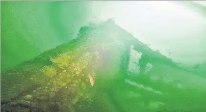  ?? SUBMITTED PHOTO/P.E.I. SCUBA DIVERS GROUP ?? This screen shot is taken from the video of the underwater wreckage of what is thought to be the sunken dredging barge, the Ferguson. This photo shows the stern starboard corner looking upwards.